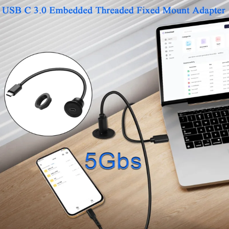 0.3m Type C 3.0 Male to Female Threaded Fixed Mount Connector Cable, 5Gbps USB C Flush Mount Adapter Fast Charging Short Cable