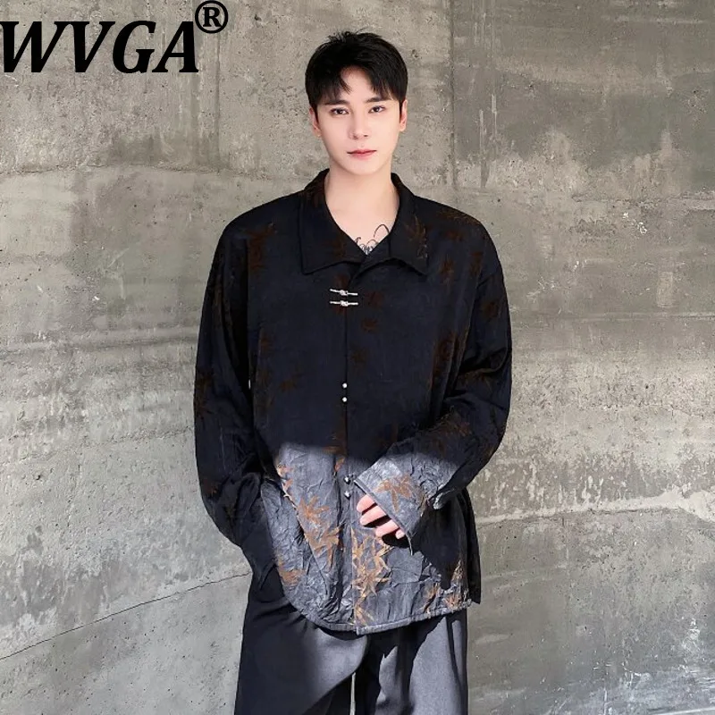 

WVGA Speing Autumn New Man Tide Chinese Style Pleated Pattern Trendy Long Sleeve Shirt Niche Chic Casual Stand Collar Top W20493