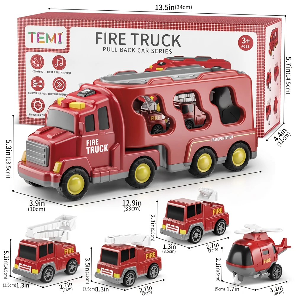 Friction Power Vehicle Toy Car Set Toddler Fire Engine Toys For Boys Girls Carrier Truck Transport Cars Firefighter Vehicles