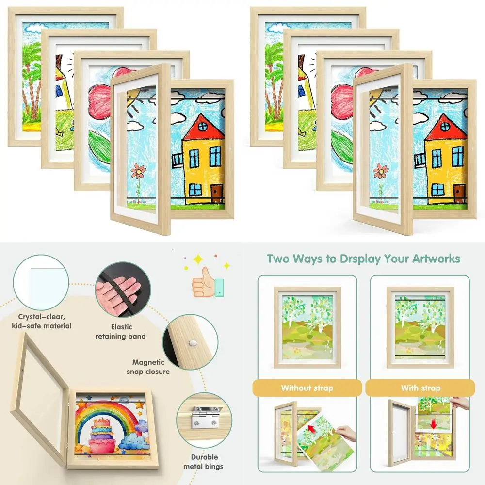 

Набор из 4 регулируемых художественных рам из древесины для детей, 8,5x11 с ковриком и 10x12,5 без коврика, вмещает 100 рисунков