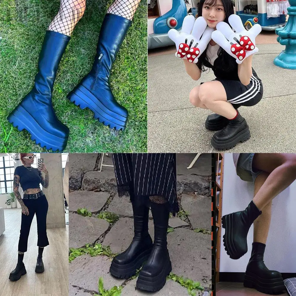 Punk Goth Women Motorcycle Boots Thick High Heels Platform Shoes Luxury Fashion Design Brand New Cool Women Street Boots