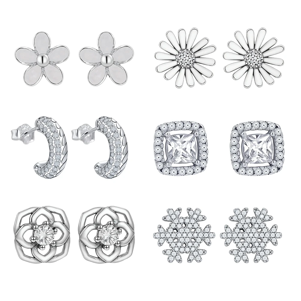 New Original 925 Sterling Silver Earrings Stud Hoop Crystal Earings For Women Rose Gold Crown Heart Infinity Bee Party Jewelry