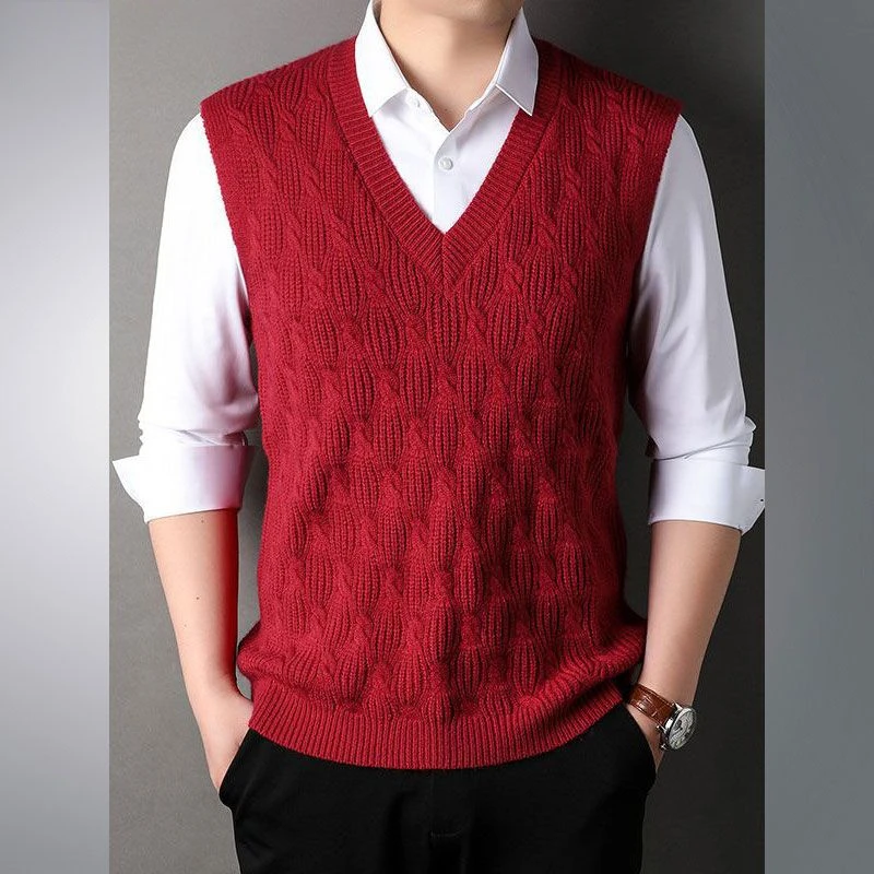 V Neck Warm Sweater Man Solid Color Knit Vests for Men Thick Waistcoat Top Open Smooth Korean Style Knitwear Woven High Quality