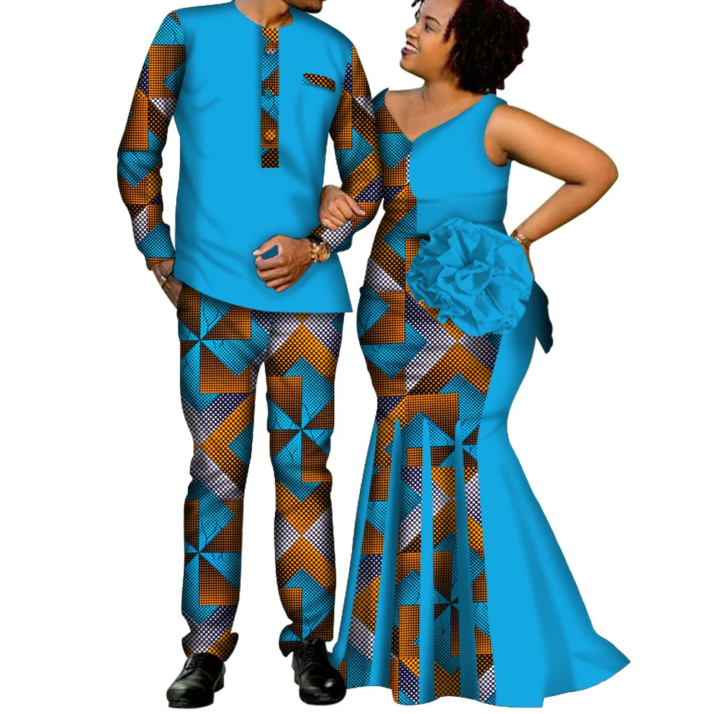 

African Couple Matching Clothes for Wedding Women Slim Mermaid Dress Bazin Riche Men Top and Pant Sets Lover Party Wedding Wear