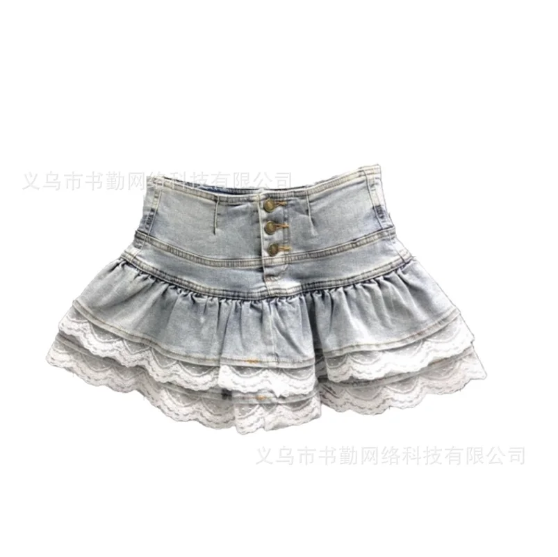 Summer Women Vintage Hottie Denim Pleated Skirt Lace Fold Design A-line Mini Skirt American Spicy Girl Korea New Fashion w56