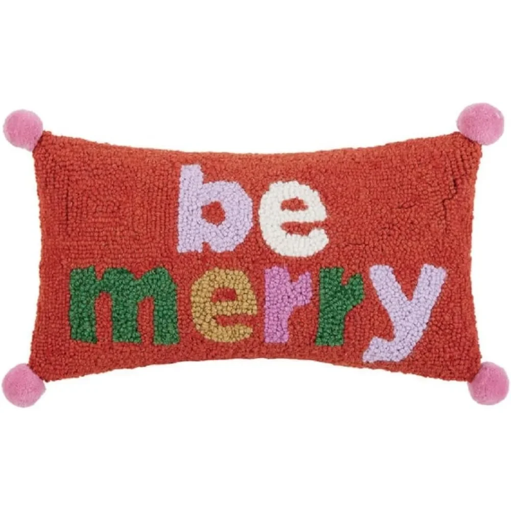 

Be Merry with Pom Pom Hool Pillow - 16-Inch Wool & Poly Velvet Christmas Home Décor