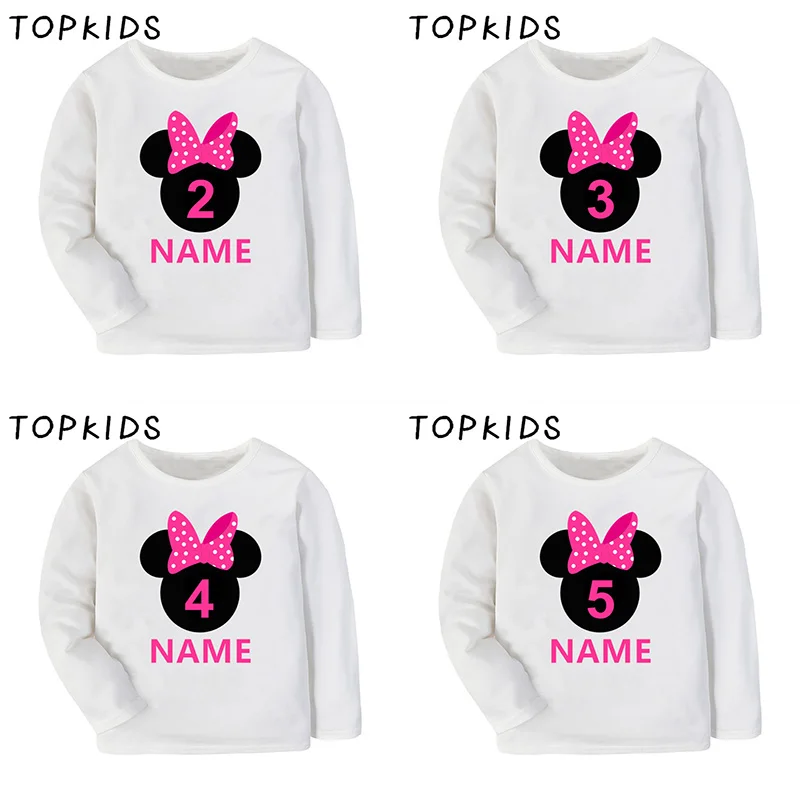 1 2 3 4 5 6 7 8 9 10 Years Birthday Cute Mouse Girls T-shirts Custom Name Baby Long Sleeve Tshirt Cute Kids Clothes Gift Present