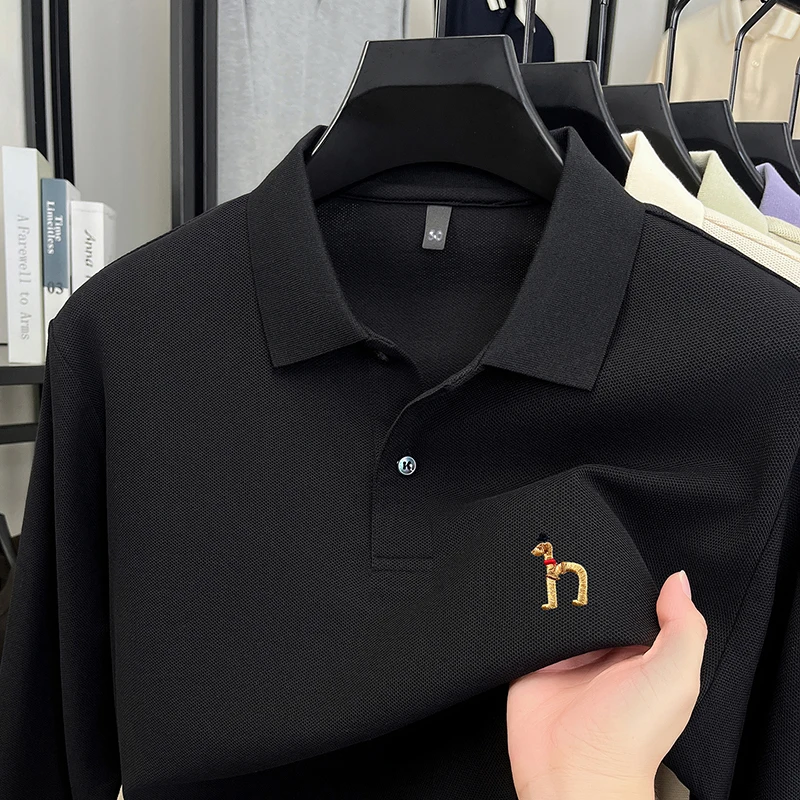 رجل الأصلي طويلة الأكمام قميص بولو 100% القطن رائعة التطريز النمط البريطاني الخريف الساخن القمم الأعمال الترفيه الرجال الملابس #3