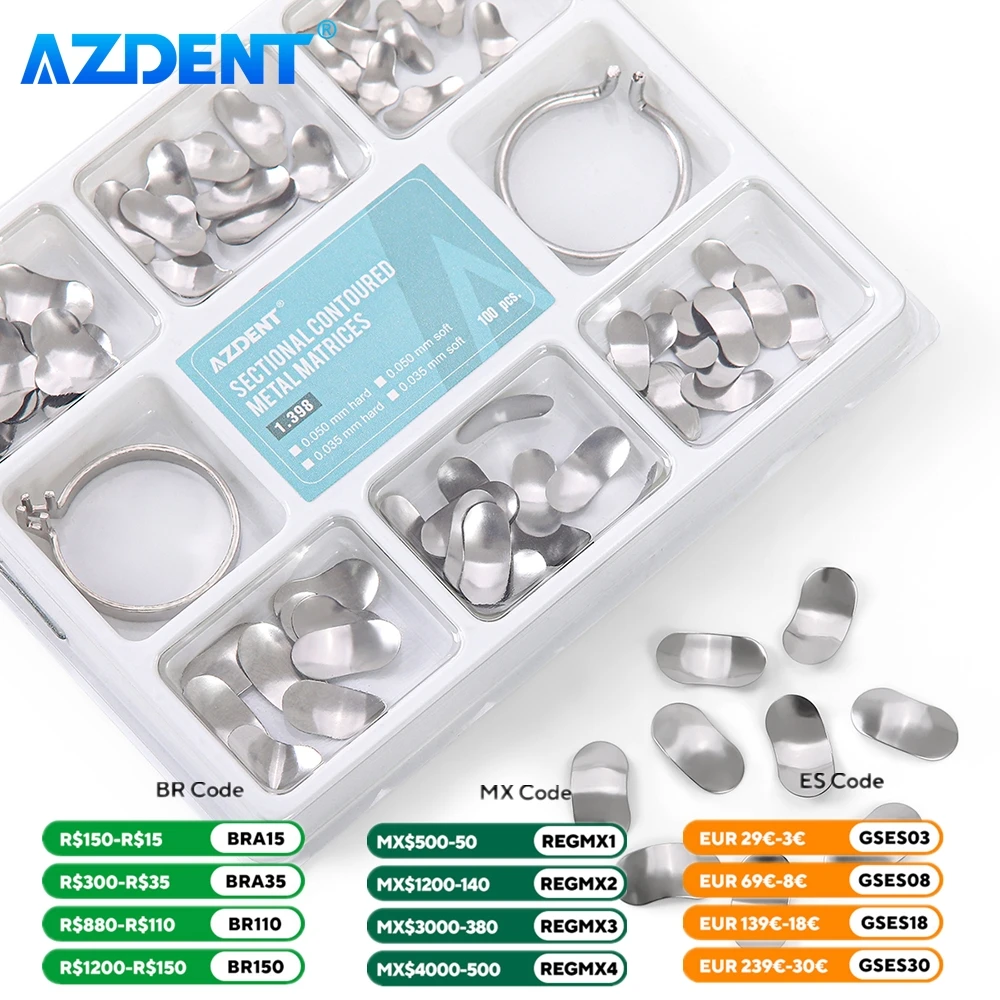 100pcs/Box Dental Matrix Sectional Contoured AZDENT Filling Molding Sheet 1.398 Metal Matrices Band Forming Clip