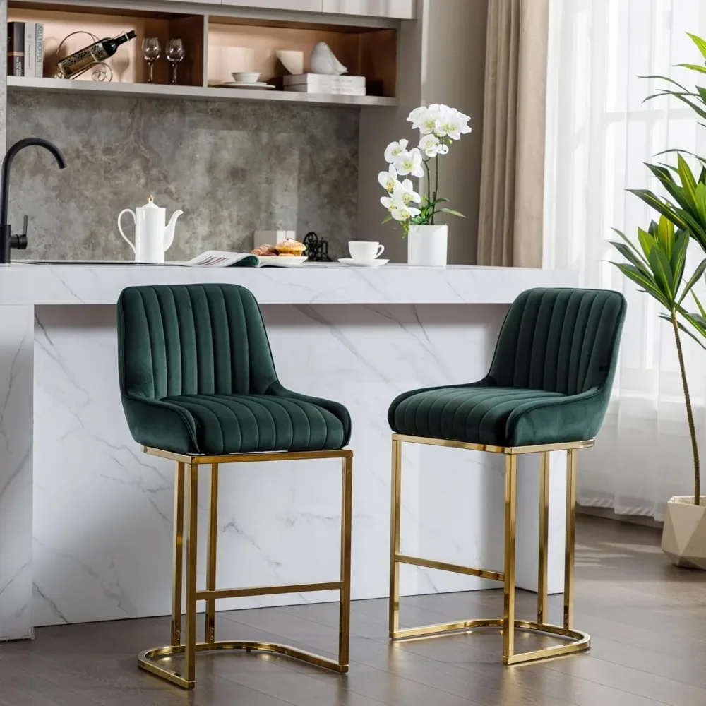 Modern Counter Altura Bar Stools Set, verde Bar Stools, costas pernas douradas, estofados veludo banquetas, 26 polegadas, conjunto de 2