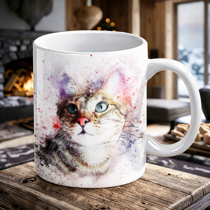 

1PCS Watercolor Art Cat Ceramic Cup, Coffee Cup, Milk Cup, Office Tea Cup, Drinking Cup, Non-Fading, Gift for Friends