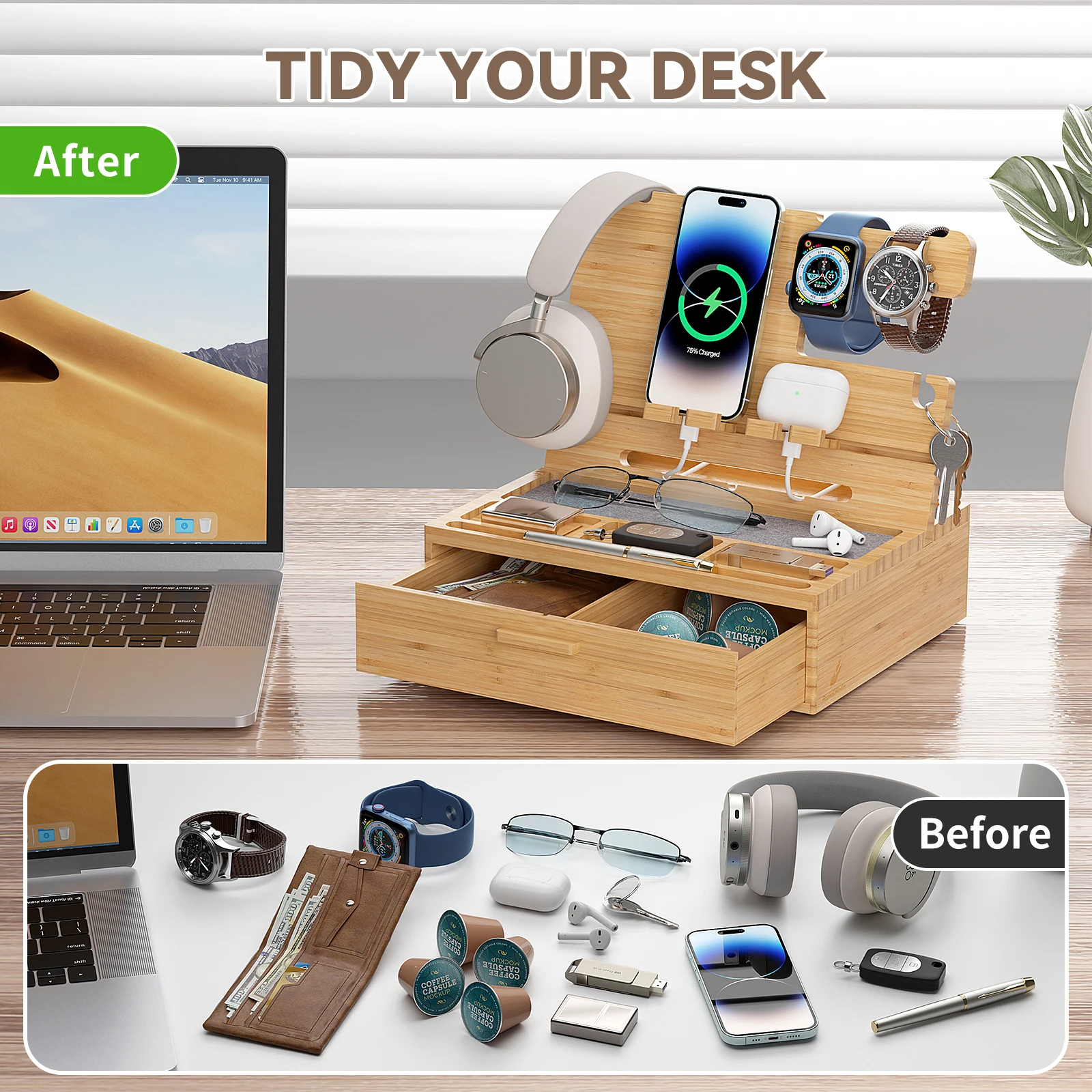 Bamboo Phone Docking Station with Drawer Nightstand Charging Organizer for Men and Women Bedside Holder Stand for Watches