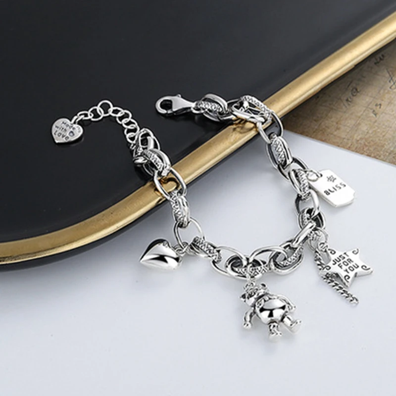 925 Sterling Silver Bracelet Creative Thick Chain Cute Little Bear Love Star Multi accessory Bracelet Vintage Trendy Handicraft