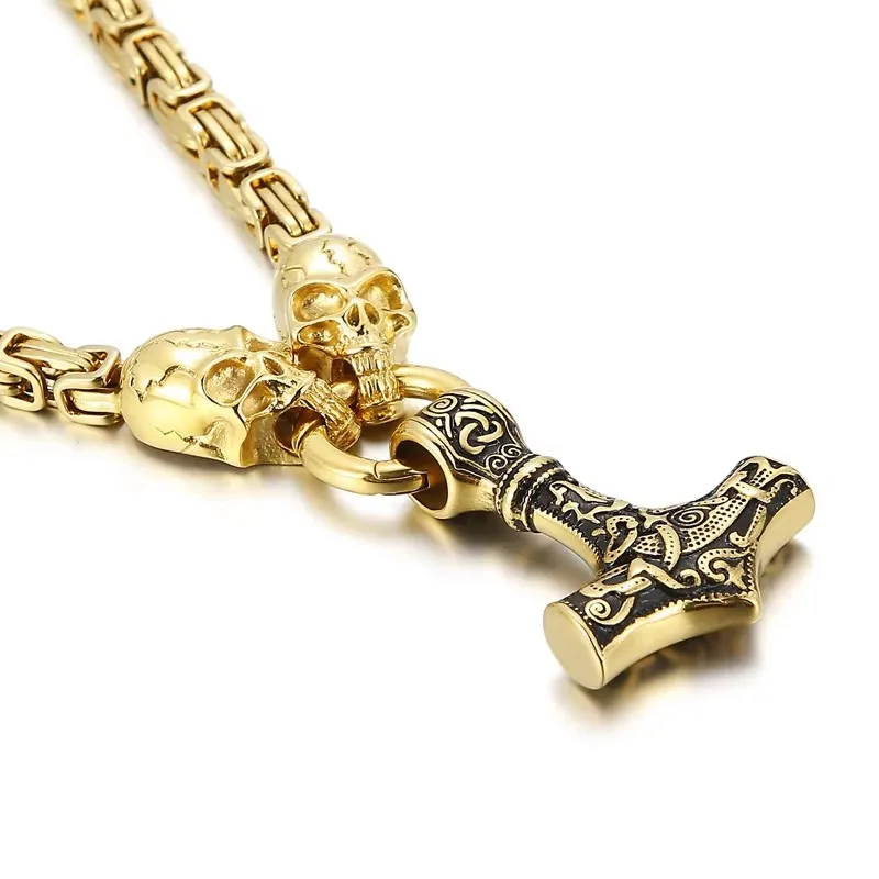 Stainless Steel Norse Viking Necklace Men Skull Head Charm Pendant Amulet Hammer Necklace Punk King Chain Accessories