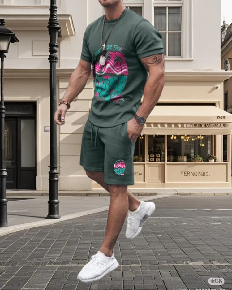 

2025 Summer Best-selling Fashion Pattern Printed Men's Short-sleeved Suit Casual Comfortable Simple Trend Street Suit