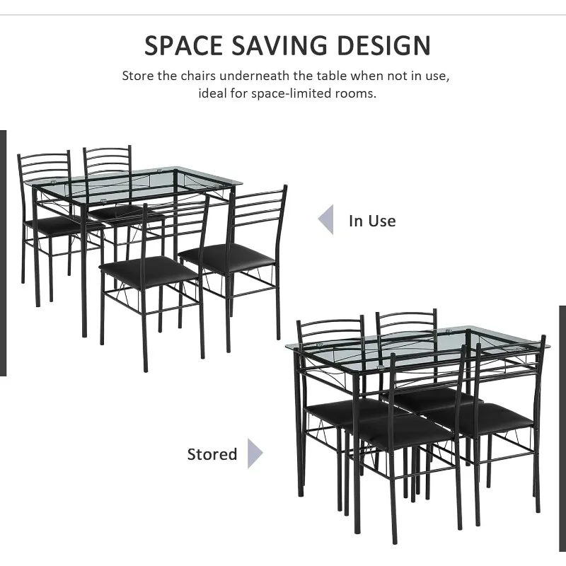 Kitchen Dining Table and Chairs Set for 4, PU Padded Seat & Glasses Tabletop, Space Saving