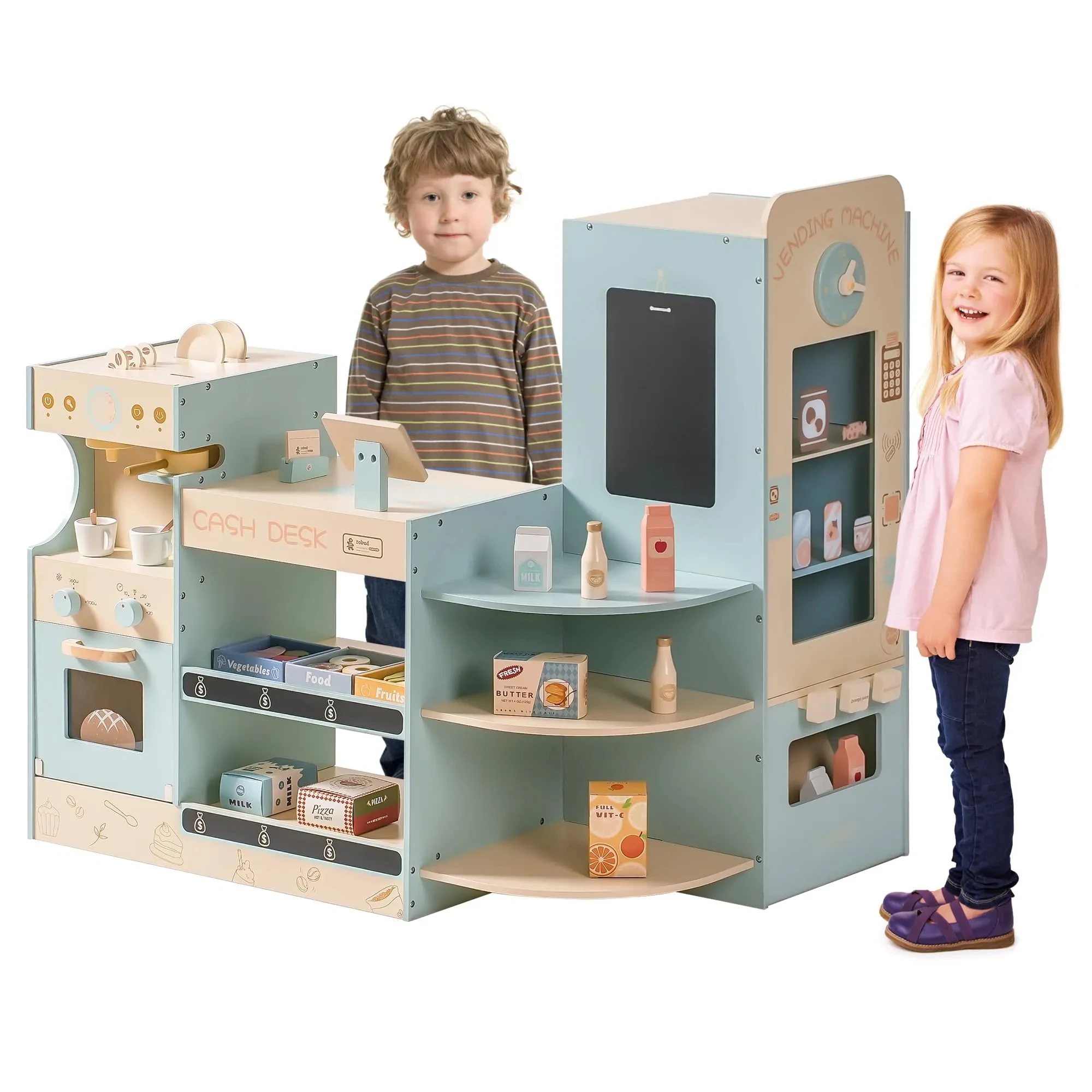 ROBUD Corner Coffee Shop Play Set Grocery Store Playset with Cash Register Chalkboard Play Food Accessories Gift for Kids 3+
