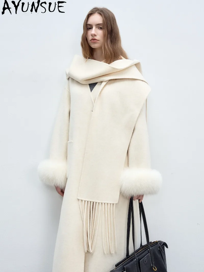 AYUNSUE Female Double-Faced Wool Coat Real Fox Fur Sleeves Womens Autumn Winter Clothes Tassel Scarf Long Clothing 2026 Jaquetas