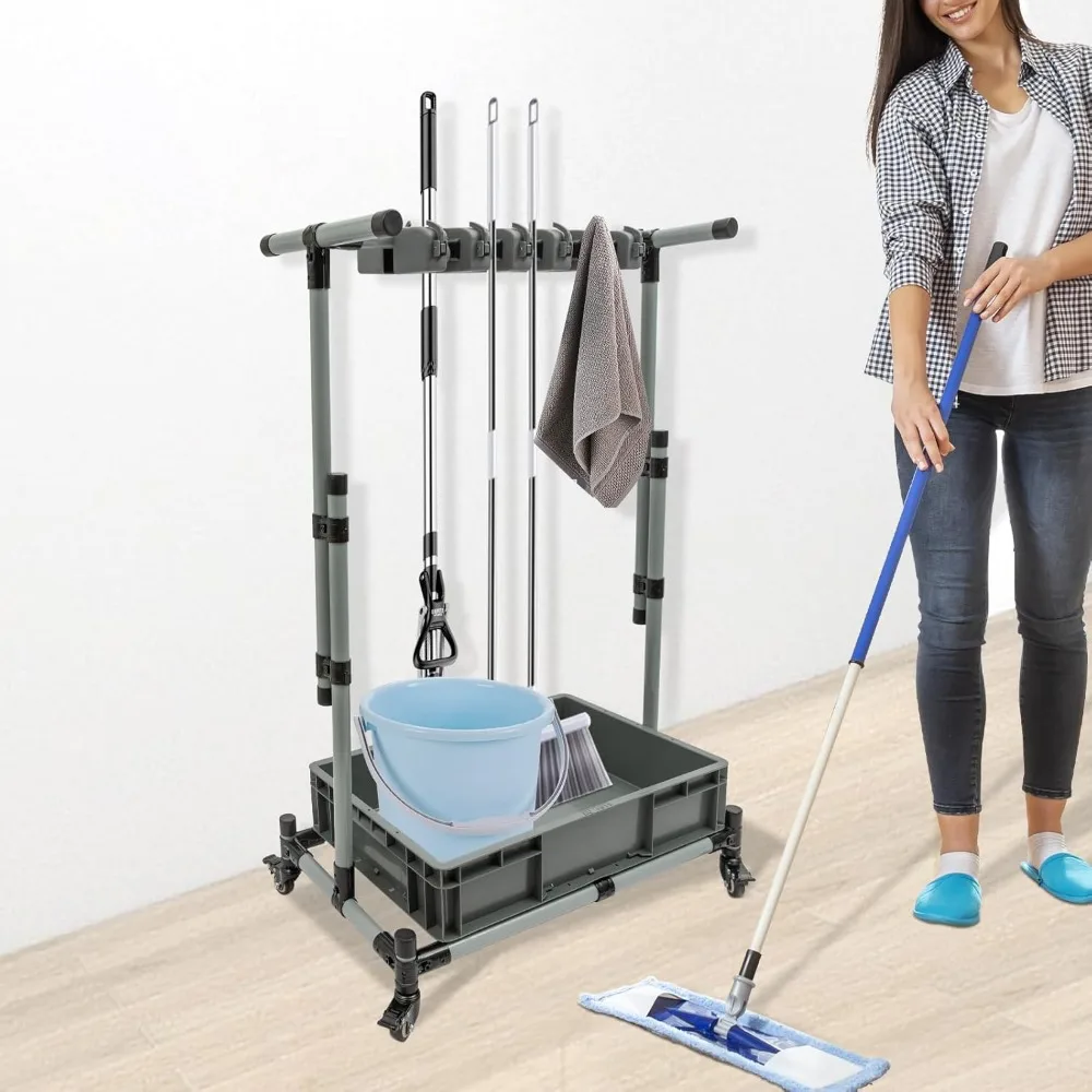 عربة تنظيف قائمة بذاتها مع مكنسة متحركة وحامل ممسحة، منظم مثبت على الأرض لمستلزمات التنظيف