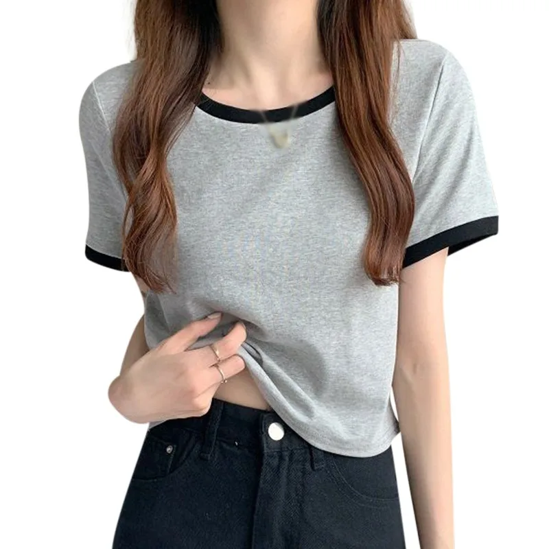 Women's Slim Short Sleeve T-shirt Summer Fashion Contrast Color Round Neck Casual Bottoming Crop Top