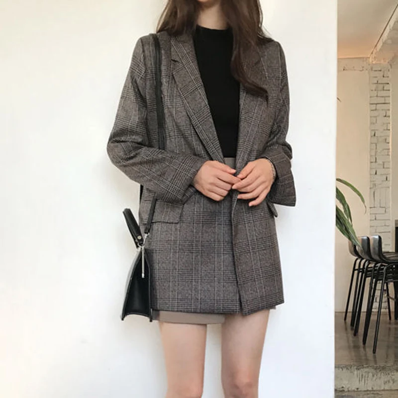 Women Winter Plaid Blazers Coats Korean Fashion Elegant Solid Thick Jacket Female Double Breasted Office Lady Long Overcoat