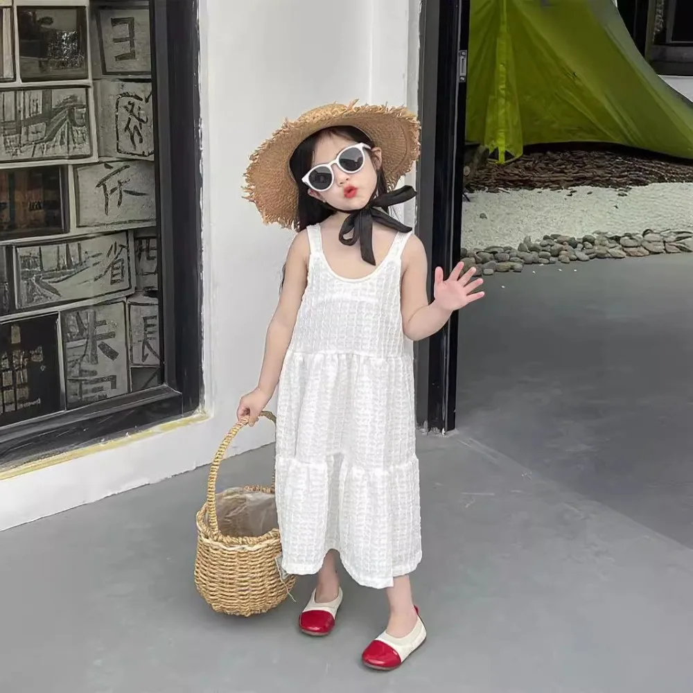 

Girls Dress Korea Style 2024 Summer New Solid Color Halter Dress Sweet Simple Princess Baby Fashion Kids Summer Clothes