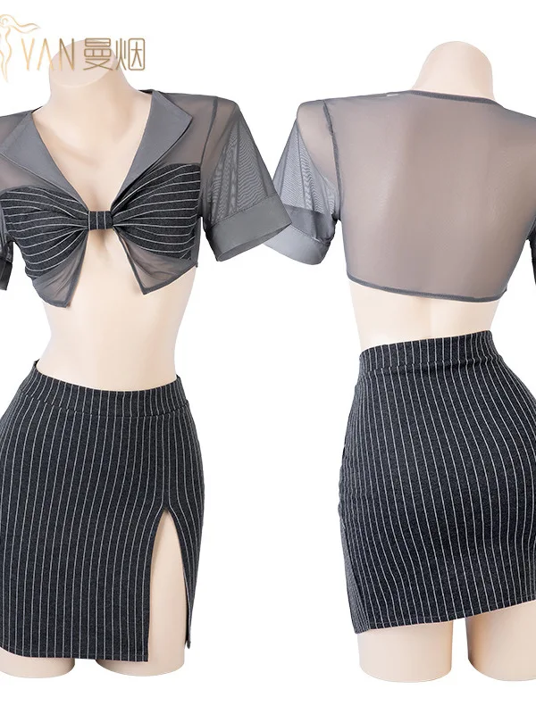 Underwear Sexy Bow Mature Charm Elegant Gentle Romantic Spliced Stripe Split Wrap Hip Skirt Secretary Uniform Skirt Set FMUG