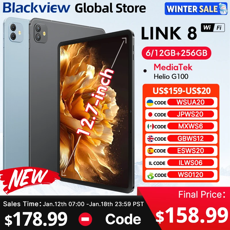 

【Мировая премьера】Планшет Blackview Link 8, 12,7-дюймовый дисплей 2k + 90 Гц Helio G100, 8400 мАч, Android 15 Widevine L1, четырехколонка
