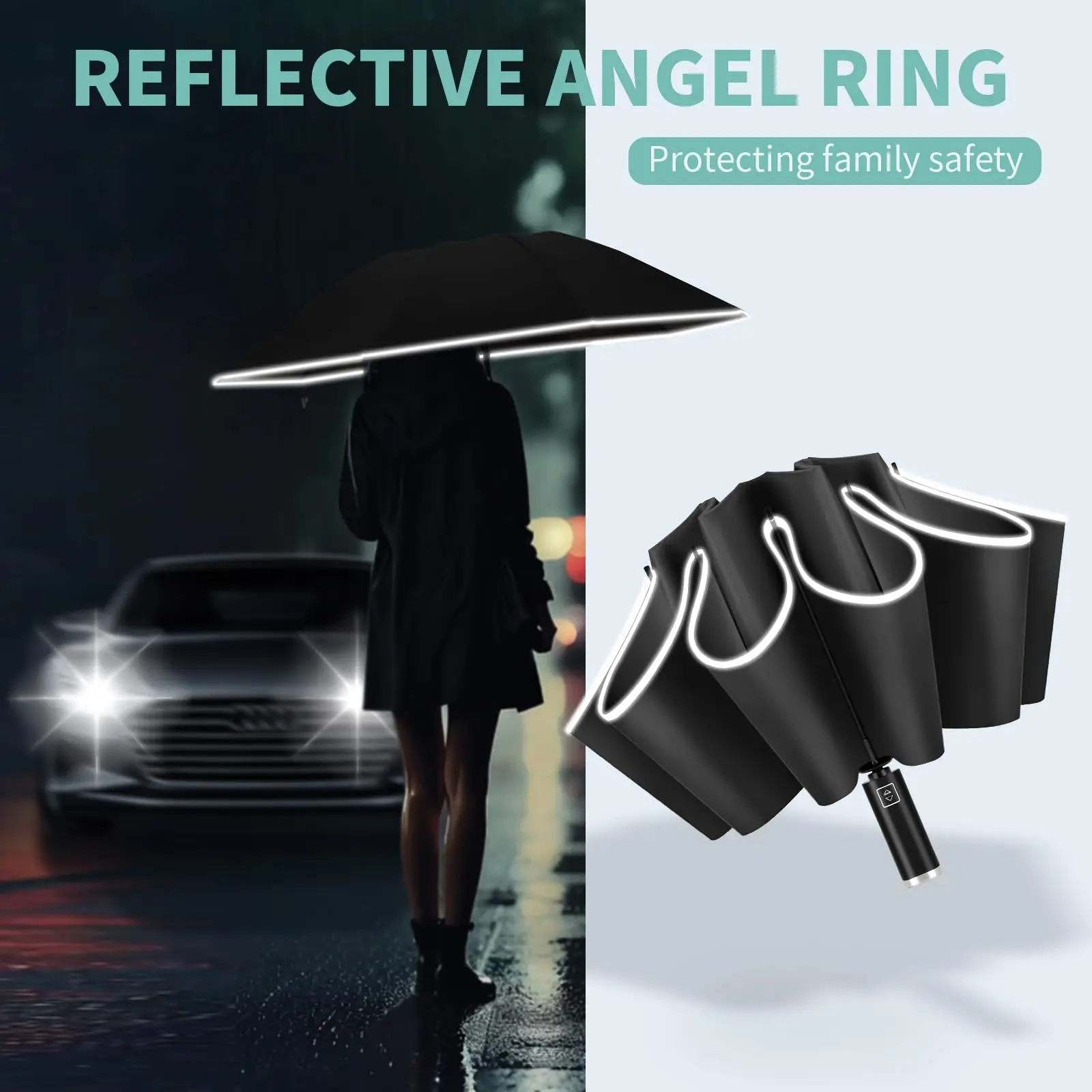 10 Ribs Inverted Automatic Umbrella for Rain Windproof Umbrella with Reflective Strip Fold Sun Compact UV Umbrella for Women Men