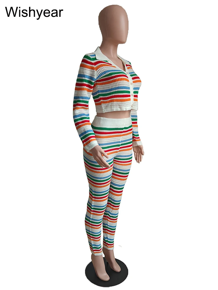 Rainbow Stripe Knit Ribbed Women Pencil Pants and Long Sleeve Button Crop Tops Two 2 Piece Set Streetwear Club Office Outfit y2k