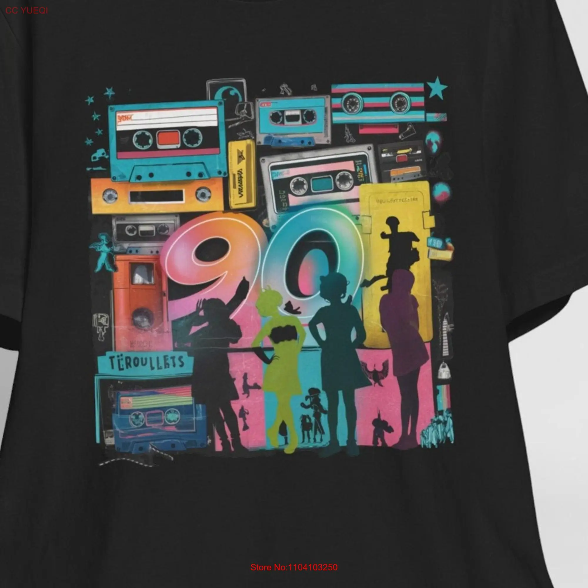 1990s Mixed Media Retro Vintage Cassette Players Boomboxes T Shirt Silhouettes Dancing Numbers Vibrant Graffiti Music