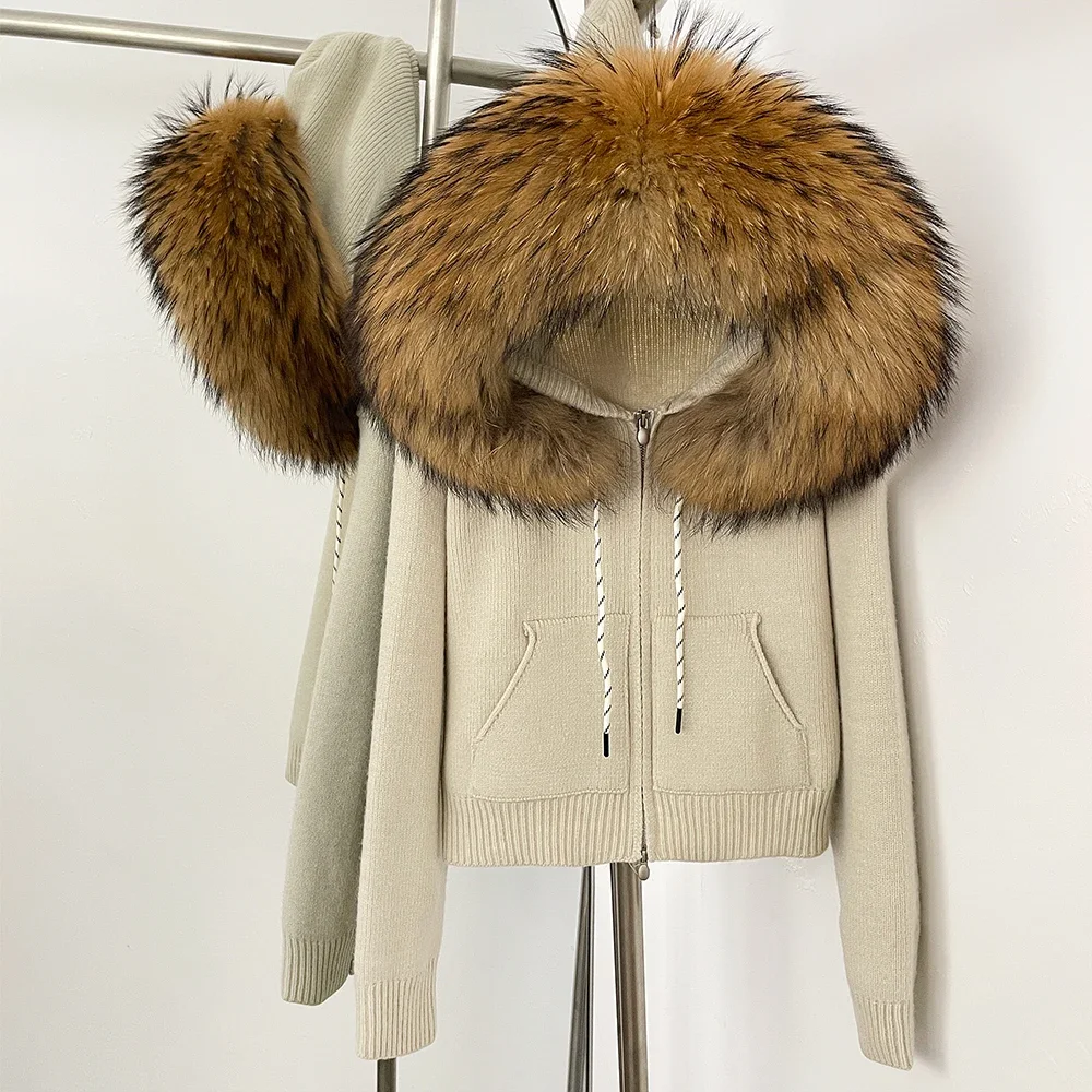 

OFTBUY Real Fox Fur Jacket Knit Natural Fur Coat Long Sleeve Tops Cardigan for Women Knit Hoodie Large Cardigan Zipper Pockets