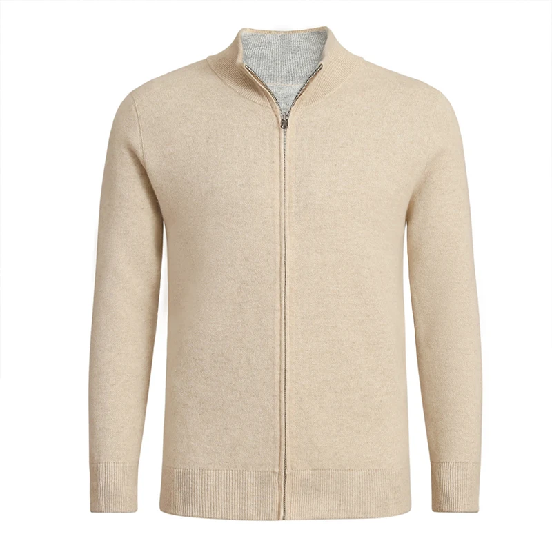 เสื้อคาร์ดิแกนแคชเมียร์สองสีแบบคลาสสิกสำหรับผู้ชาย ฤดูหนาว แขนยาว ถักแบบมีซิป คอตั้ง เสื้อสเวตเตอร์คุณภาพสูง