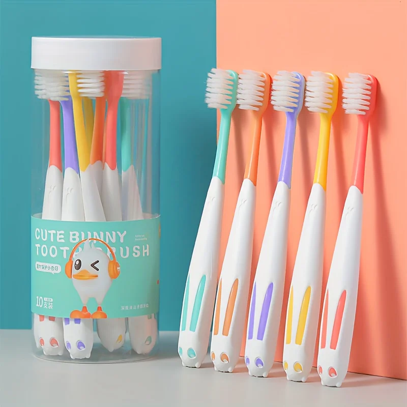 pacote-com-10-escovas-de-dente-em-forma-de-coelho-em-cores-aleatorias-limpeza-profunda-sem-danificar-as-gengivas-suave-e-nao-irritante-essencial-para-uso-domestico-conjunto-de-escovas-de-dente-em-um-recipiente-conjunto-essencial-para-viagem