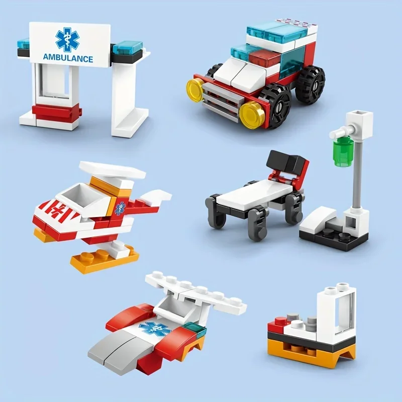 122pcs 6 in 1 Ambulance Escort Car Helicopter Paramedic Doctor Mini Loader Truck Building Blocks Sets Bricks Toy City