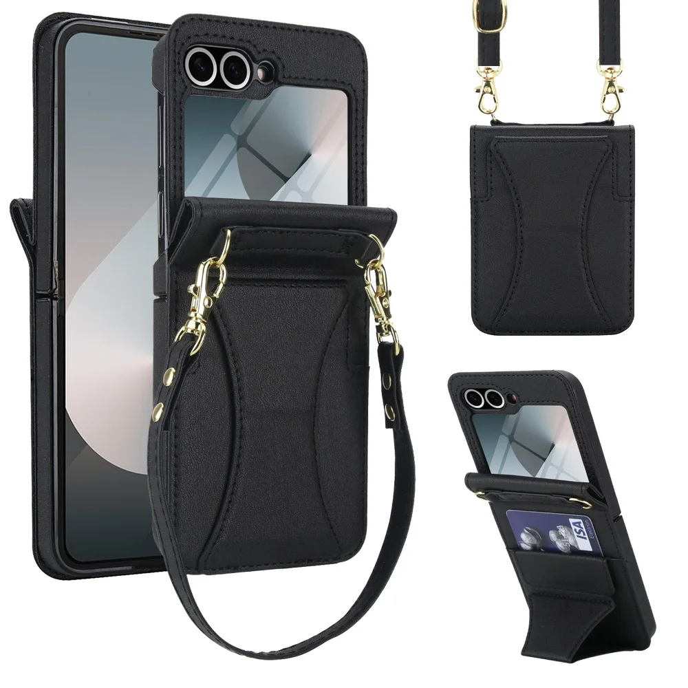 

Classic Solid Color Leather Phone Cover for Samsung Galaxy Z Flip7/Z Flip6/Z Flip5 with Back Card Case Slot and Wrist Strap