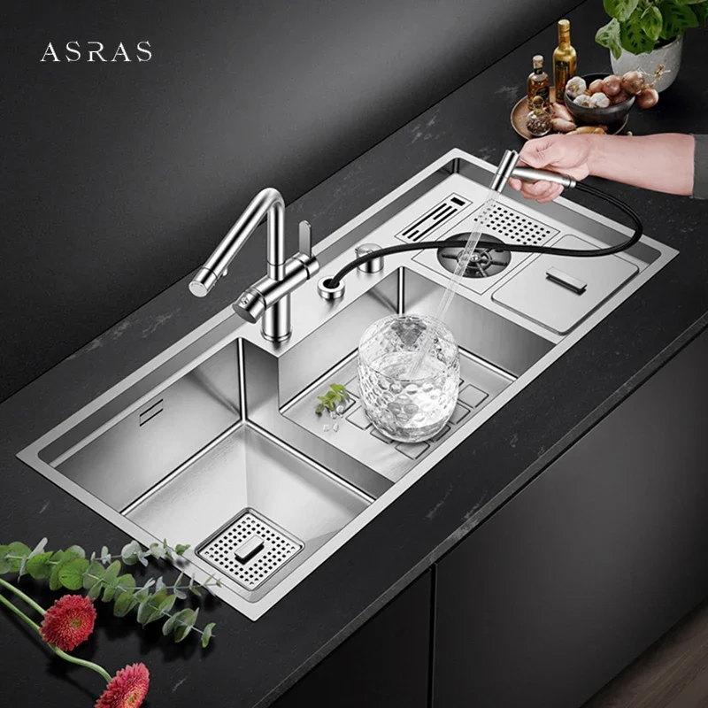 ASRAS Large Size Cup Rinser kitchen Sink 220mm Depth 4mm Thickness Handmade SUS 304 Stainless Steel kitchen Sinks With Trash Can