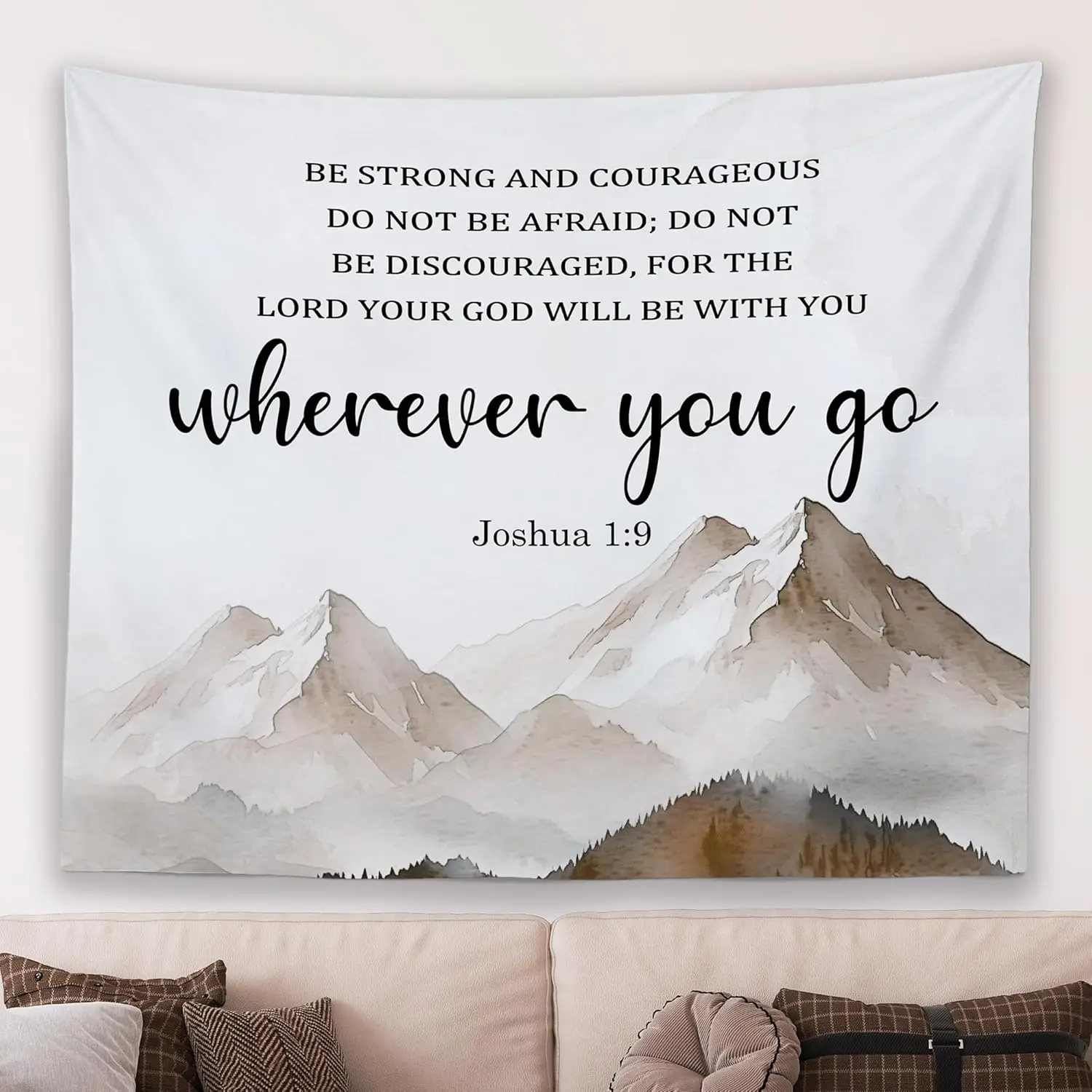 نسيج حائط كريستيان ماونتيان لورد معلق لغرفة النوم، الكتاب المقدس الآية الكتاب المقدس جوشوا 1:9 المفروشات، الألوان المائية الدينية #1