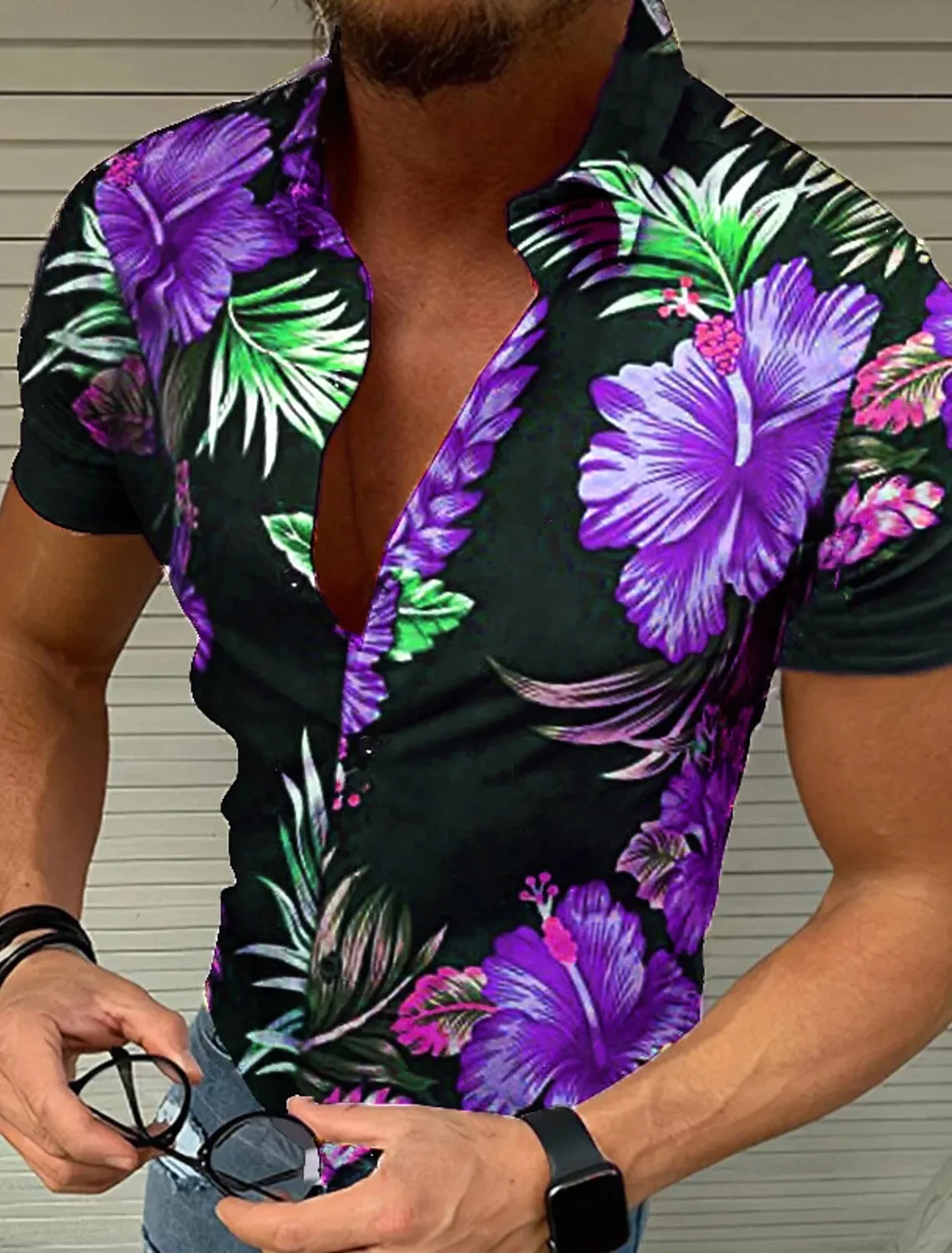 Camisa havaiana com estampa de folhas de bordo masculina, top floral, manga curta, confortável casual, moda rua, novo