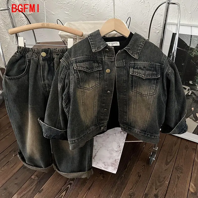 2-10Y Children\'s Fashion Spring and Autumn 2024 New Baby Boys Girls Retro Frosted Coat Korean Loose Denim Two Piece Set Outfits