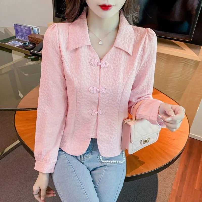 

Spring and Autumn Women's Cardigan Polo Neck Solid Long Sleeve Chiffon Shirt Button Patchwork Vintage Slim Fashion Sweet Tops