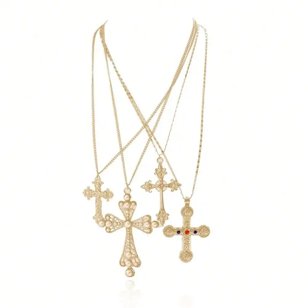 

Gold Tone Layered Cross Pendant Necklace Set with Imitation Pearls and Gem Accents
