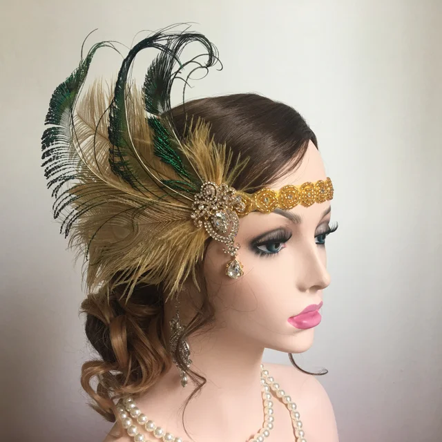 Women Vintage Feather Headband White Rhinestone Metal Chain 1920s Vintage Gatsby Party Headpiece For Party Carnival Accessories