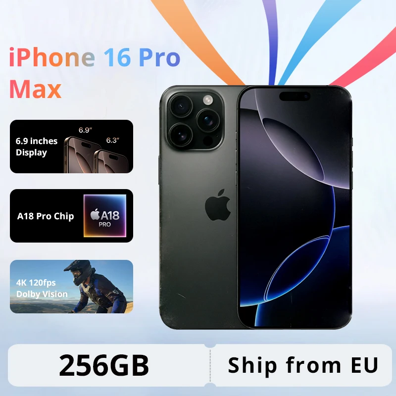 Smartphone Apple iPhone 16 Pro Max 256 Go, puce A18 Pro, écran OLED 6,9 pouces, appareil photo Fusion 48 MP