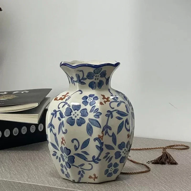 Chinese Blue and White Porcelain Vase Decoration Octagonal Vase Decorations Home Decor Living Room Flower Arrangement Ornaments