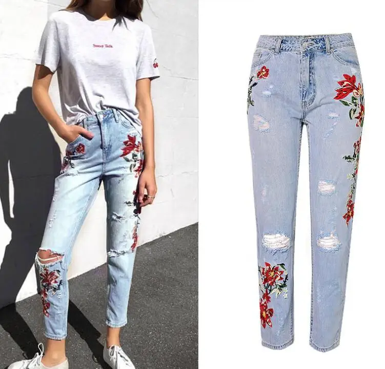 

Women High Street Jeans, High Waisted Embroidered Flower Washed Trousers ,Straight Leg pants Irregularly Worn Jeans