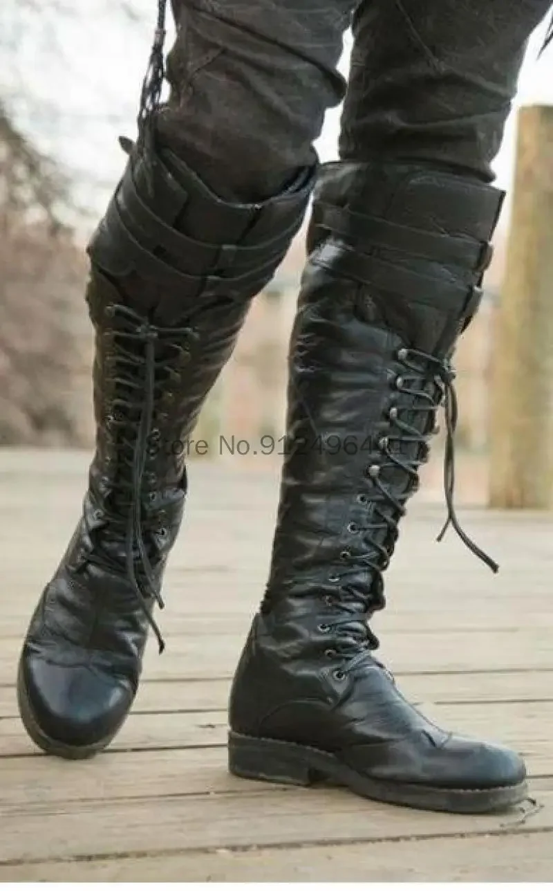 Medieval Retro Men Knight Boots Carnival Gothic British Style Soldier Prince Cosplay Leather Boot Party Fashion Bandage Shoes