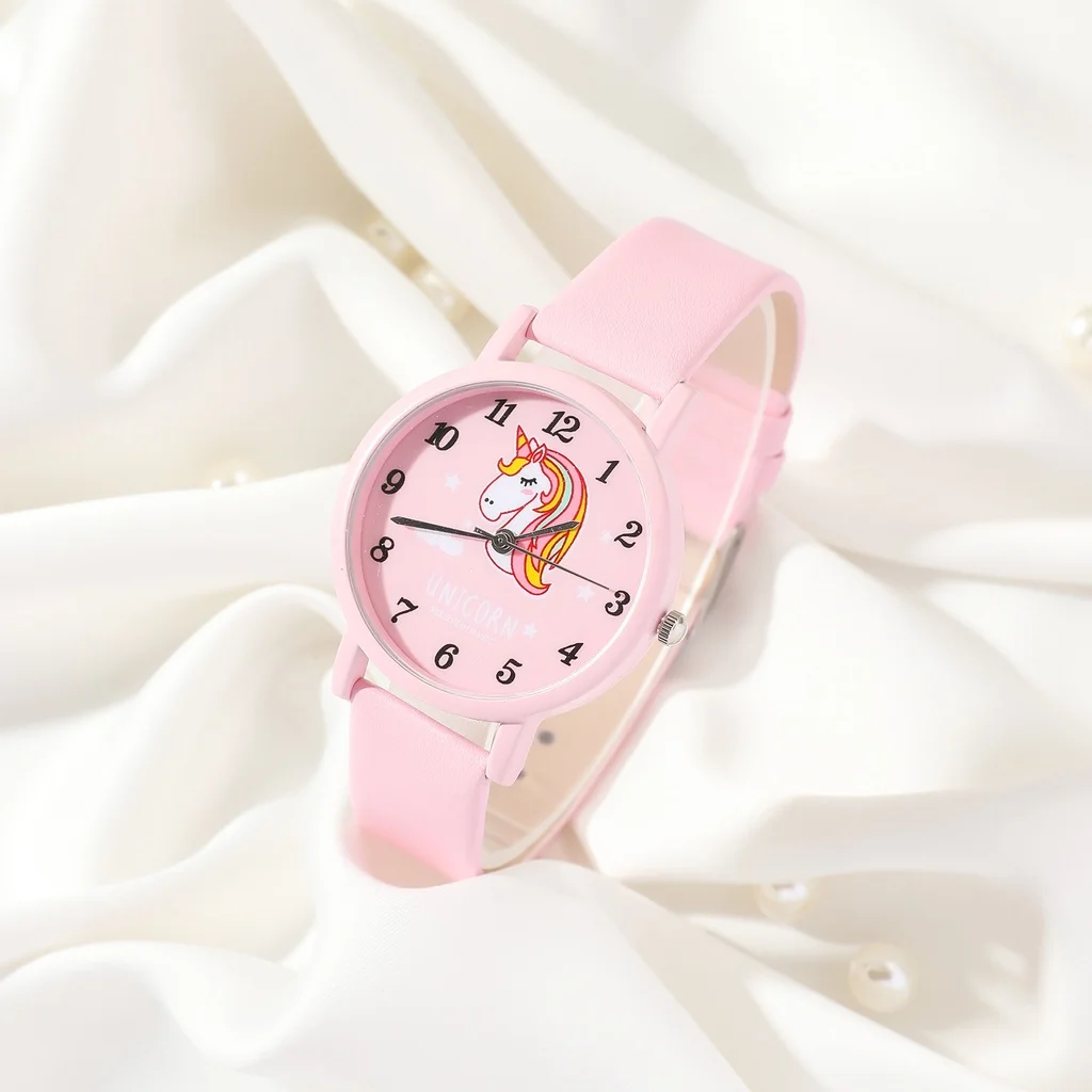 【นาฬิกา+เครื่องประดับ】 นาฬิกาเด็กยูนิคอร์น นาฬิกาควอทซ์สาวสีชมพู ชุดเครื่องประดับผีเสื้อ ของขวัญเด็กผู้หญิง ไม่มีกล่อง