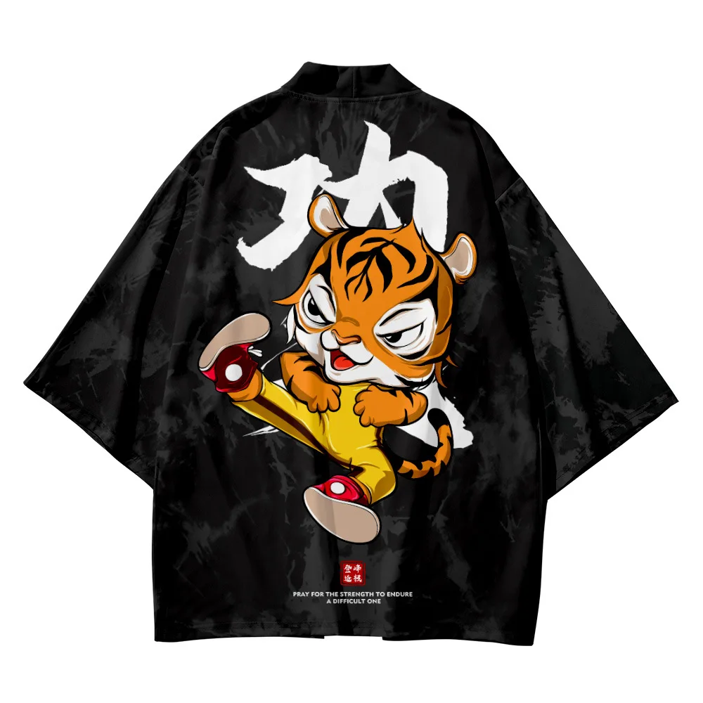 

Japanese Kung Fu Tiger Print Cardigan Kimono Beach Yukata Women Harajuku Traditional Men Cartoon Anime Cosplay Haori Clothing