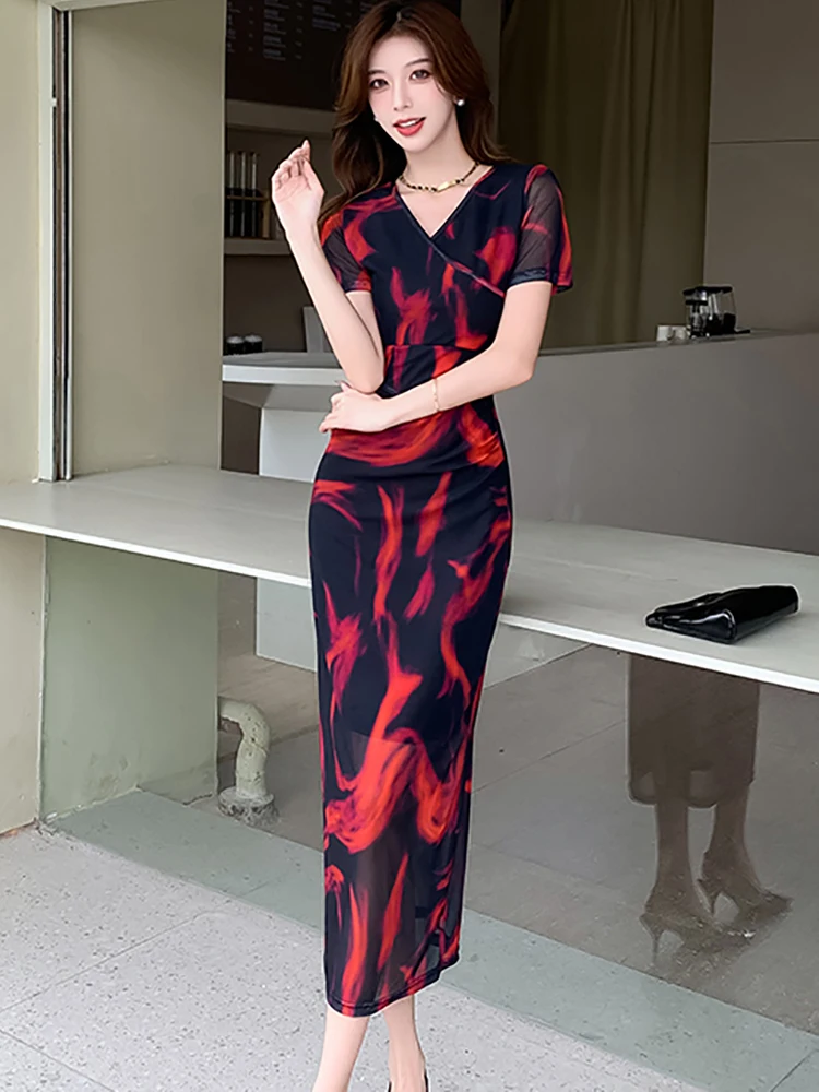 2025 neue Druck Mesh Kurzarm Bodycon Midi Kleid Frauen Boho Elegante Casual Kleid Sommer Koreanische Vintage Elegante Abendkleid